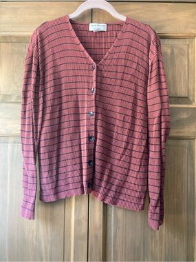 Rena Rowan Dark Red & Striped Silk Button-up Cardigan Large